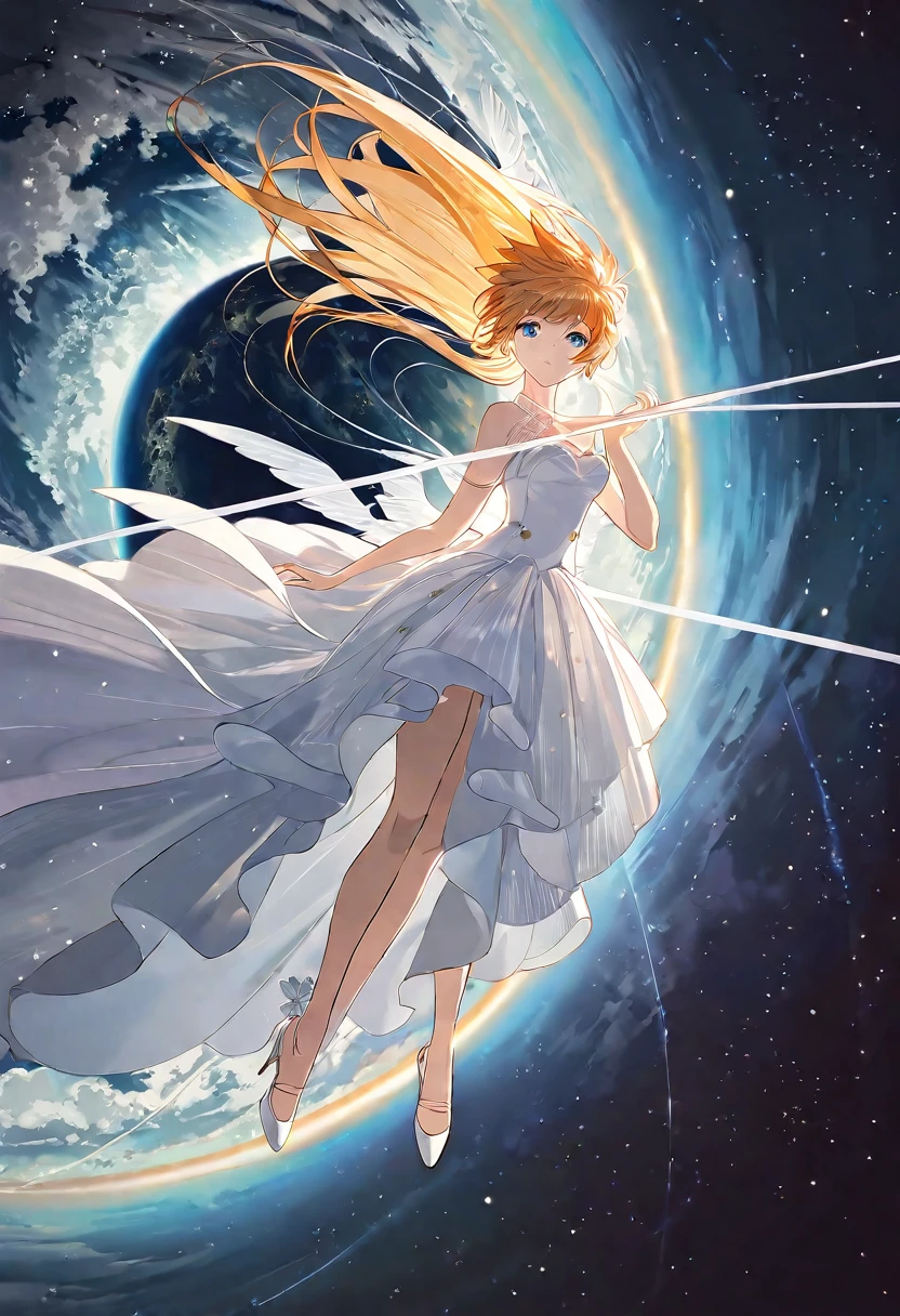 by rella, by foomidori, by lam, by makoto shinkai, by Ilya Kuvshinov,
A young female fashion model, detailed face, detailed eyes, detailed hair, angel, angel wing, mechanical wing, 
wedding dress,
(dynamic pose:1.2), (dutch angle:1.5), golden ratio,
mysterious, like a goddess,
break
clear blue sky, cloud, cloudy sky, space, star, planet, nebula, aurora, milky way, floral, space ship, deep space, perfect world, 
beautiful, aesthetic, detailed, beautiful color, 
amazing quality, best quality, high quality, ultra high res, absurdres, golden_ratio_xl, 