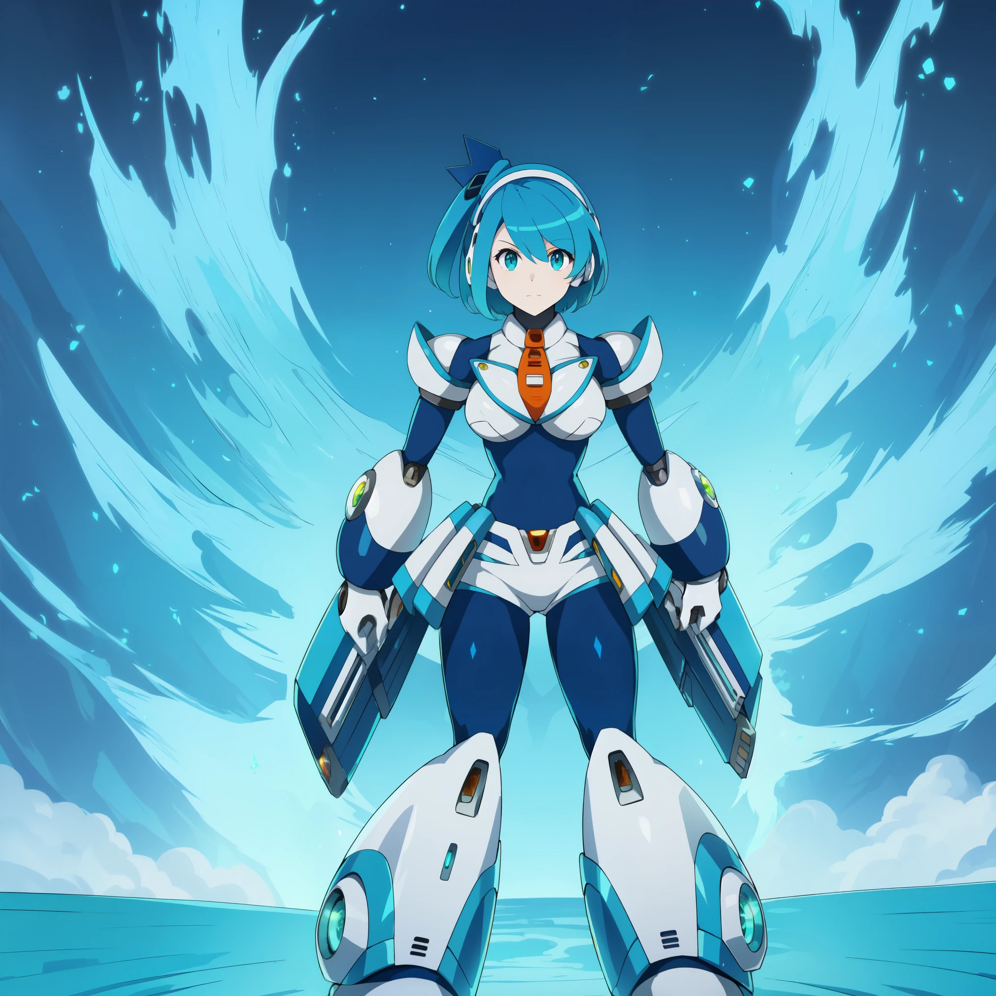 rico_megamanxdive, 1girl, solo, blue eyes, short hair, blue hair, android, high quality, masterpiece, standing with green flames coming from a tree