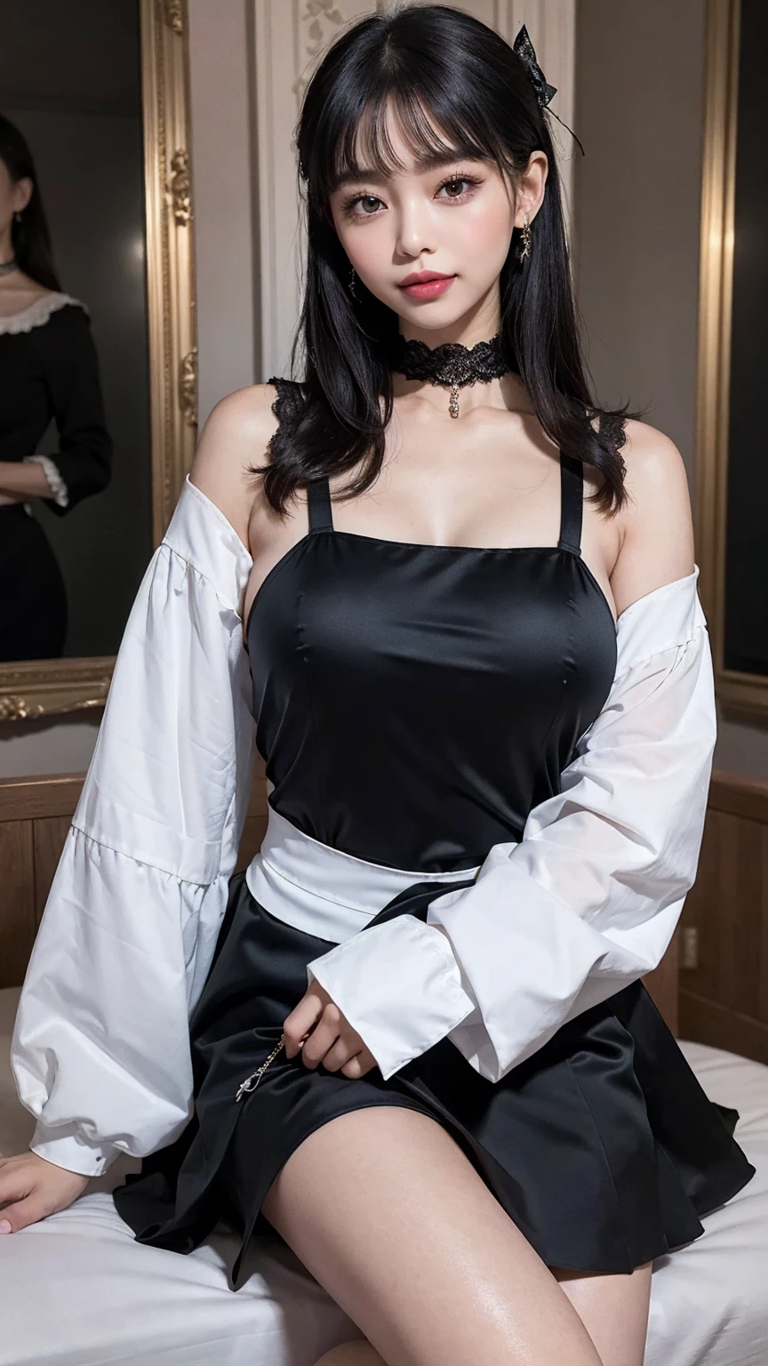 She is wearing a sleek, modernized maid dress with a fitted bodice that accentuates her figure, made of luxurious black satin that shimmers under the light. The dress features a short, flirty skirt with layers of delicate lace peeking from underneath, giving it a playful yet sophisticated look. A crisp white apron is tied around her waist with a large bow at the back, adding a classic touch. The sleeves are puffed and end just above the elbow, trimmed with intricate lace that matches the hem of the skirt. Around her neck, she wears a chic, black choker adorned with a tiny silver pendant. The young, beautiful Asian lady in her 20s has a stunning face with glossy lips that glisten softly, enhancing her warm, inviting smile. Her medium-sized eyes, framed by double eyelids, exude a captivating charm and twinkle with cuteness. Her entire appearance is a blend of elegance and adorability, perfectly captured in highly detailed photography with 16k resolution. The perfect lighting highlights every feature, creating a mesmerizing half-body portrait that radiates beauty and allure.