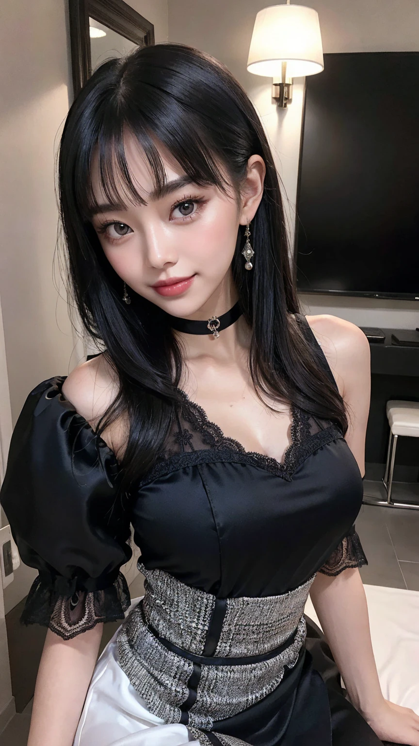 She is wearing a sleek, modernized maid dress with a fitted bodice that accentuates her figure, made of luxurious black satin that shimmers under the light. The dress features a short, flirty skirt with layers of delicate lace peeking from underneath, giving it a playful yet sophisticated look. A crisp white apron is tied around her waist with a large bow at the back, adding a classic touch. The sleeves are puffed and end just above the elbow, trimmed with intricate lace that matches the hem of the skirt. Around her neck, she wears a chic, black choker adorned with a tiny silver pendant. The young, beautiful Asian lady in her 20s has a stunning face with glossy lips that glisten softly, enhancing her warm, inviting smile. Her medium-sized eyes, framed by double eyelids, exude a captivating charm and twinkle with cuteness. Her entire appearance is a blend of elegance and adorability, perfectly captured in highly detailed photography with 16k resolution. The perfect lighting highlights every feature, creating a mesmerizing half-body portrait that radiates beauty and allure.