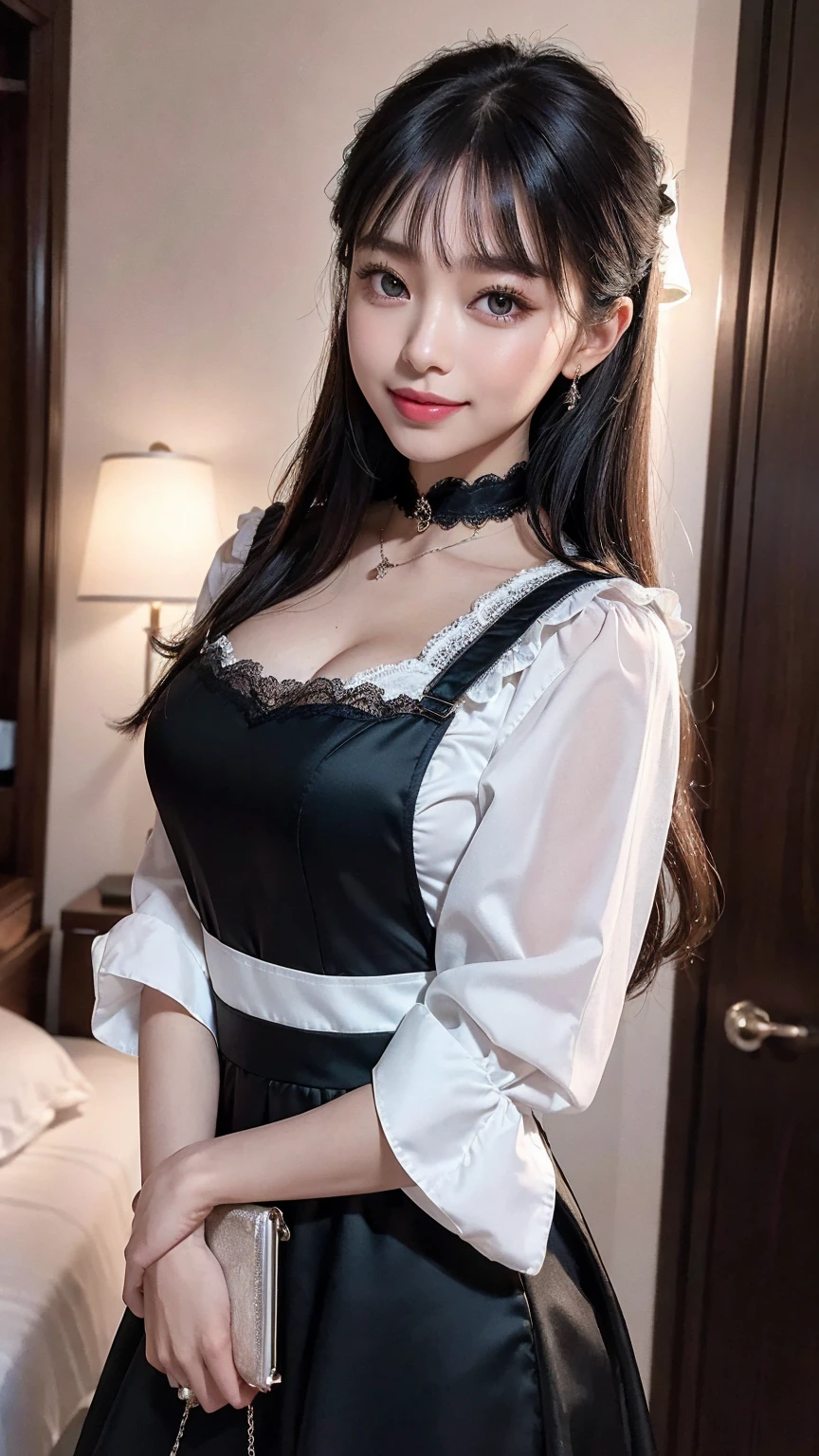 ((best quality: 1.4)), (An unrivalled masterpiece), (Ultra HD) , (Ultra-realistic 8k CG),(Bust image from head to thigh),(((Large Breasts)))、((Breast sagging))、Low-cut,(((Cleavage ))),(((Wide hips,)))(((,Hourglass figure))), ((Long legs)),(Super detailed),(maid ),(Artworks by Jean Baptiste Monge), Highly detailed maid outfit, half_apron ,Stunning beauty , Beautiful hair with rich details , Very detailed hairstyle, Movie, hapiness ,In an old western-style house, candle lighting, Use backlighting to add depth to your images, Anisotropic filtering, Depth of Field, Maximum clarity and clarity, ,8 so small , Thick body:0.8 ,Perfect anatomical structure , Symmetry and balance, beautiful gradient , Clear focus, Golden Ratio, Center image, Beautiful composition,