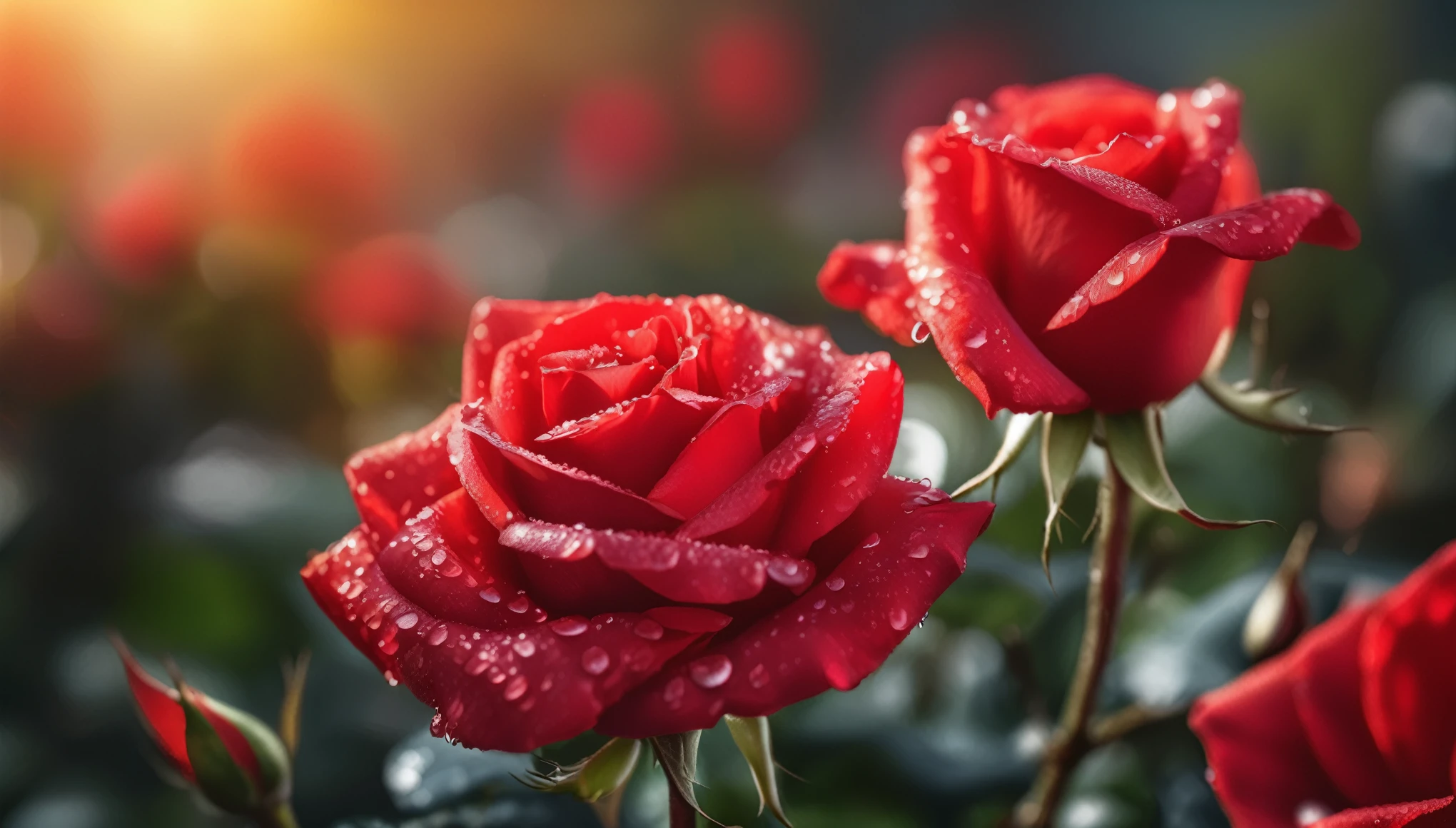 Many red color rose flowers in the garden and sunlight with bokeh, dew drops on flower petals,automatic optional scene,  defocused background creating a bokeh effect, nature's palette in full display, natural light, ultra fine details, digital painting
 (masterpiece, ultra quality, high resolution, 8k, intricate: 1.2), (masterpiece), (best quality:1)