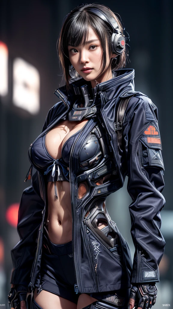 Posing、(nsfw:1.2)、Very beautiful woman、Slender women、(Detailed face)、Realistic Skin、((Delicate photo)),(Girl Masterpiece RAW Photo Details:1.25), (Highest quality:1.6), (Ultra-high resolution:1.5), (Realistic:1.75), 8K resolution, Canon EOS R5, 50mm, Absurd, Ultra-detailed,Cinema Lighting、One girl, 白hair,((hime_cut))、Smile、((Ultra Tie Navy Jacket Coat)), Chest Rig, cyber punk, ((Techwear)),I can see your abs、Bra Top、((((Big Breasts))))、((The abdomen is visible))、(((Ultra-delicate and futuristic design)))、Biting into the crotch、(((logo)))、((((Text on clothing))))、((With the weapons of the future))、