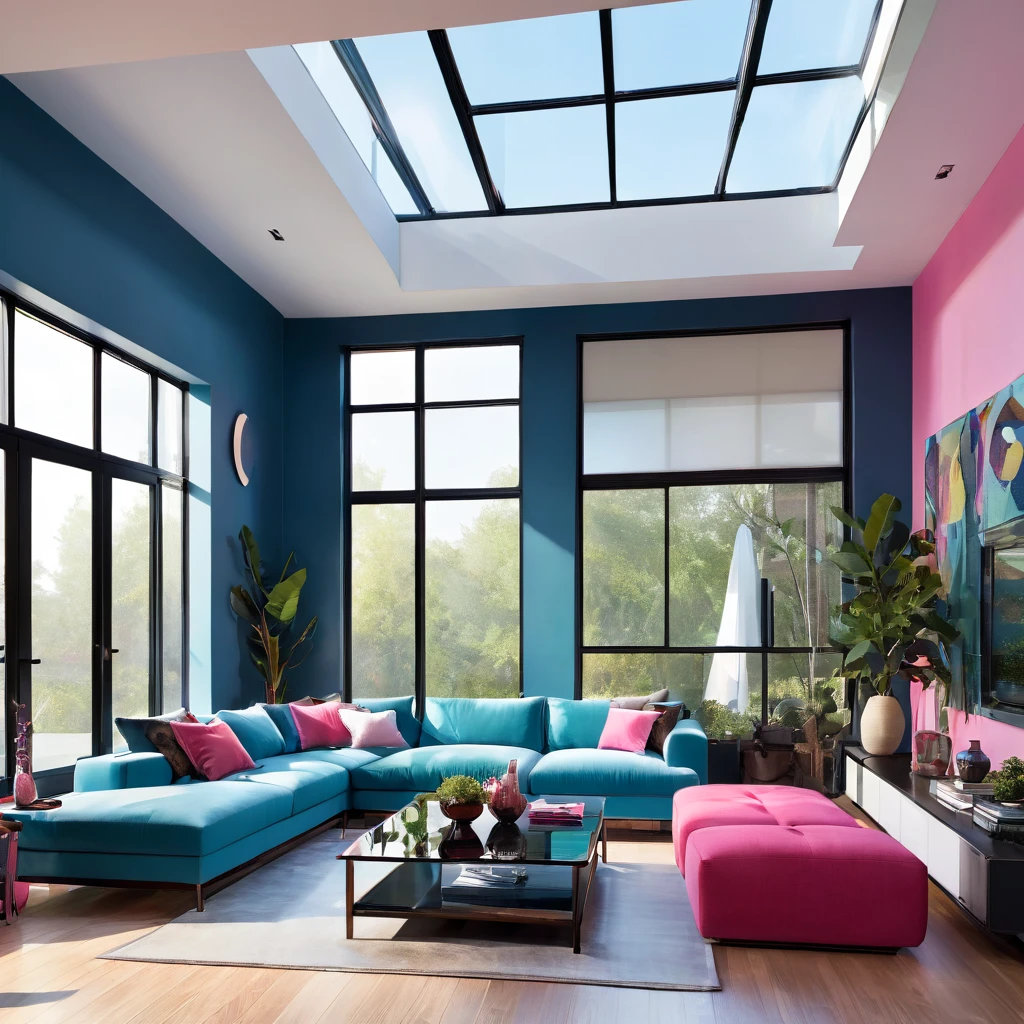 ---
Nestled in the heart of a serene suburban neighborhood, this modern masterpiece of architecture stands as a beacon of contemporary elegance and charm. The house, bathed in a palette of light blue and pink with accents of red, black, and brown, is a testament to the owner's refined taste and love for cozy, vibrant living spaces.
As you approach the house, the first thing that catches your eye is its striking façade. The exterior is a harmonious blend of sleek, light blue panels and large, pink-framed windows, which offer a glimpse of the vibrant interior. The front door, a bold shade of red, stands out against the blue and pink backdrop, inviting you to step inside and discover the wonders within.
Stepping through the red door, you find yourself in a spacious, open-concept living area. The floor is covered in rich, dark brown hardwood, polished to a high shine, which extends throughout the main floor. The walls are painted in a soft, light blue, creating a calming and airy atmosphere. Large windows flood the room with natural light, enhancing the bright and welcoming feel.
To the left of the entrance is the living room, a cozy yet sophisticated space perfect for relaxation and entertainment. A plush, L-shaped sectional sofa, upholstered in a soft pink fabric, sits against the far wall. It is adorned with an array of cushions in varying shades of blue, pink, and red, adding a touch of whimsy and comfort. A sleek, black coffee table with a glass top stands in front of the sofa, its minimalist design contrasting beautifully with the soft textures around it. On the opposite wall, a large, flat-screen television is mounted above a modern, black entertainment unit, which houses an array of gadgets and decor items. To add a touch of nature, a large potted plant sits in one corner, its lush green leaves providing a refreshing contra