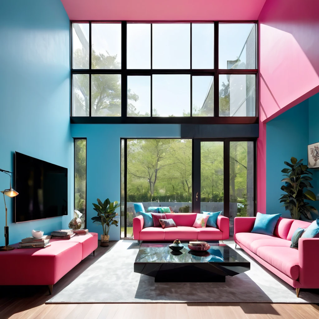 ---
Nestled in the heart of a serene suburban neighborhood, this modern masterpiece of architecture stands as a beacon of contemporary elegance and charm. The house, bathed in a palette of light blue and pink with accents of red, black, and brown, is a testament to the owner's refined taste and love for cozy, vibrant living spaces.
As you approach the house, the first thing that catches your eye is its striking façade. The exterior is a harmonious blend of sleek, light blue panels and large, pink-framed windows, which offer a glimpse of the vibrant interior. The front door, a bold shade of red, stands out against the blue and pink backdrop, inviting you to step inside and discover the wonders within.
Stepping through the red door, you find yourself in a spacious, open-concept living area. The floor is covered in rich, dark brown hardwood, polished to a high shine, which extends throughout the main floor. The walls are painted in a soft, light blue, creating a calming and airy atmosphere. Large windows flood the room with natural light, enhancing the bright and welcoming feel.
To the left of the entrance is the living room, a cozy yet sophisticated space perfect for relaxation and entertainment. A plush, L-shaped sectional sofa, upholstered in a soft pink fabric, sits against the far wall. It is adorned with an array of cushions in varying shades of blue, pink, and red, adding a touch of whimsy and comfort. A sleek, black coffee table with a glass top stands in front of the sofa, its minimalist design contrasting beautifully with the soft textures around it. On the opposite wall, a large, flat-screen television is mounted above a modern, black entertainment unit, which houses an array of gadgets and decor items. To add a touch of nature, a large potted plant sits in one corner, its lush green leaves providing a refreshing contra