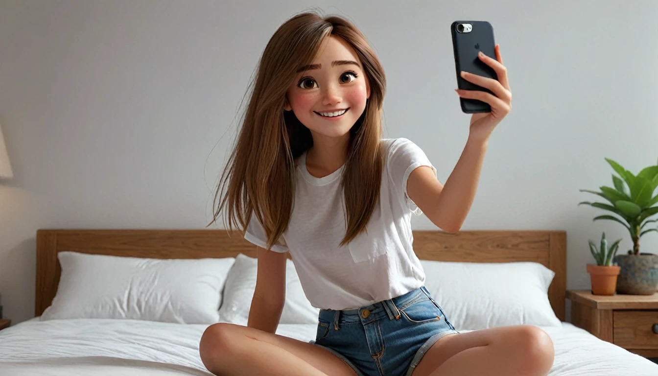 ((masterpiece, best quality)), award winning, 4k, 8k, simple background, photography, visible face, (one girl), 20 years old, cheerful and playful demeanor. She has long, straight hair, a simple white plain t-shirt and denim shorts, sitting pose, in bed, holding ((one)) iphone, black color, taking selfie. Perfect hands. Perfect fingers. Detailed fingers. ((Pixar Character.))