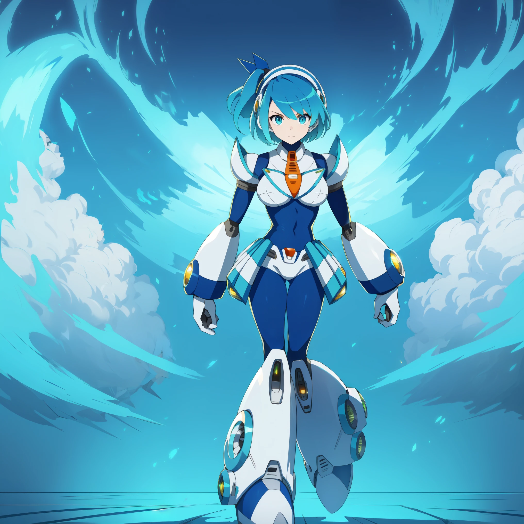 rico_megamanxdive, 1girl, solo, blue eyes, short hair, blue hair, android, high quality, masterpiece, standing with green flames coming from a tree