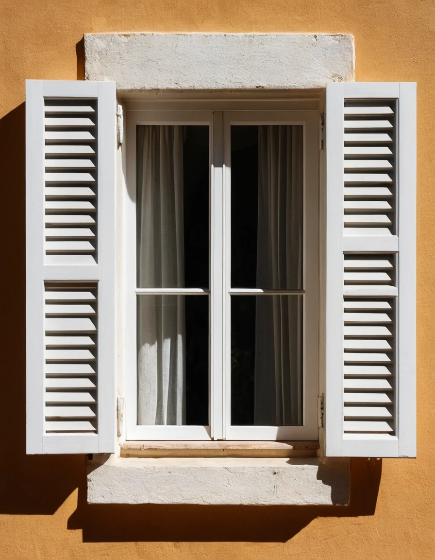 looking in to a house though an opened white wooden window of a spanish villa, the window has white slatted blinds