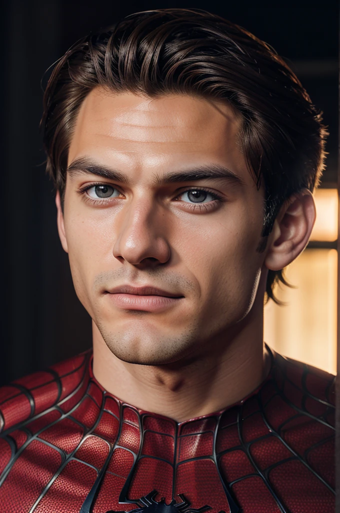 A photograph of spider man, no mask, 20 yo, handsome, detailed face, looking at camera, portrait, 8k uhd, high quality
