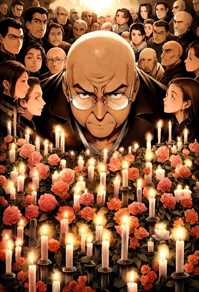 Henry Mintzberg, bald man with round glassesAnime-style illustration of a solemn memorial setting with a portrait of Matsushita Konosuke, surrounded by flowers and candles. People paying respects in a quiet, respectful atmosphere. Late 1980s.

