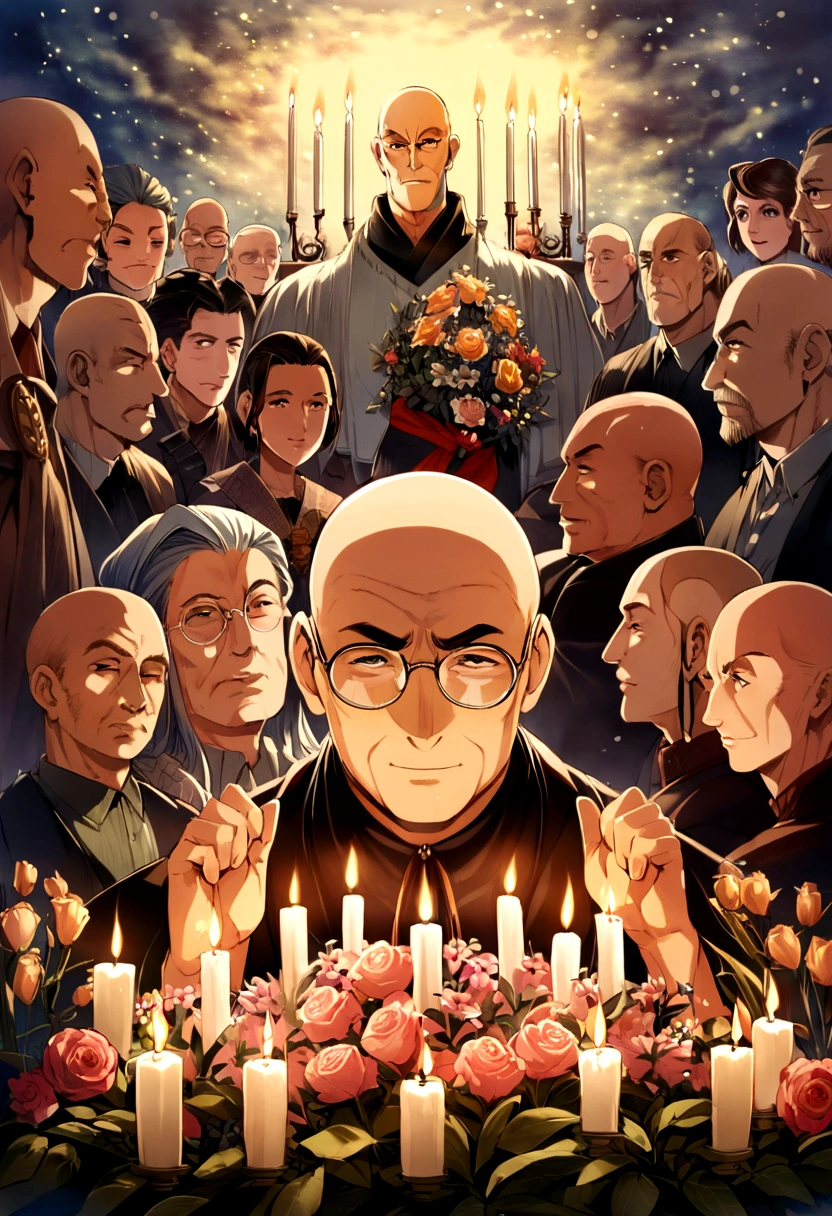 Henry Mintzberg, bald man with round glassesAnime-style illustration of a solemn memorial setting with a portrait of Matsushita Konosuke, surrounded by flowers and candles. People paying respects in a quiet, respectful atmosphere. Late 1980s.