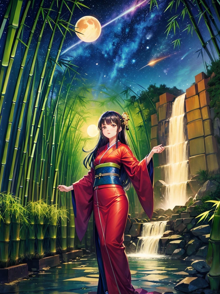 Highest quality,Highest Resolution,(((Bamboo grove))),(((waterfall))),Night Sky,(((meteor))),full moon,Beautiful girl in kimono,Fantasy,