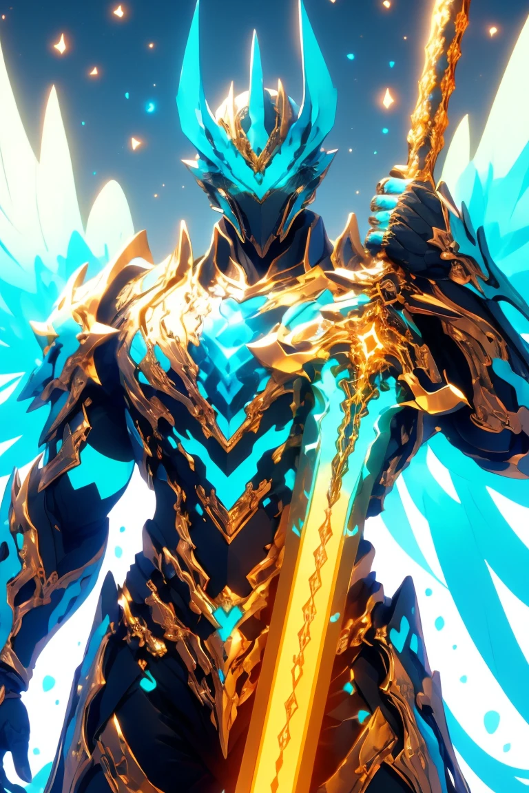 (hailoknight, Solo, 1boy wearing turquoise armor, turquoise helmet, glowing turquoise eyes, turquoise wings, holding giant orange energy sword infront of him, holding one sword:1.3), (simple glowing background:1.25)masterpiece, best quality, wide-angle, Hyperdetailed, masterpiece, best quality, 8k, natural lighting, soft lighting, sunlight, HDR (High Dynamic Range), Maximum Clarity And Sharpness, Multi-Layered Textures