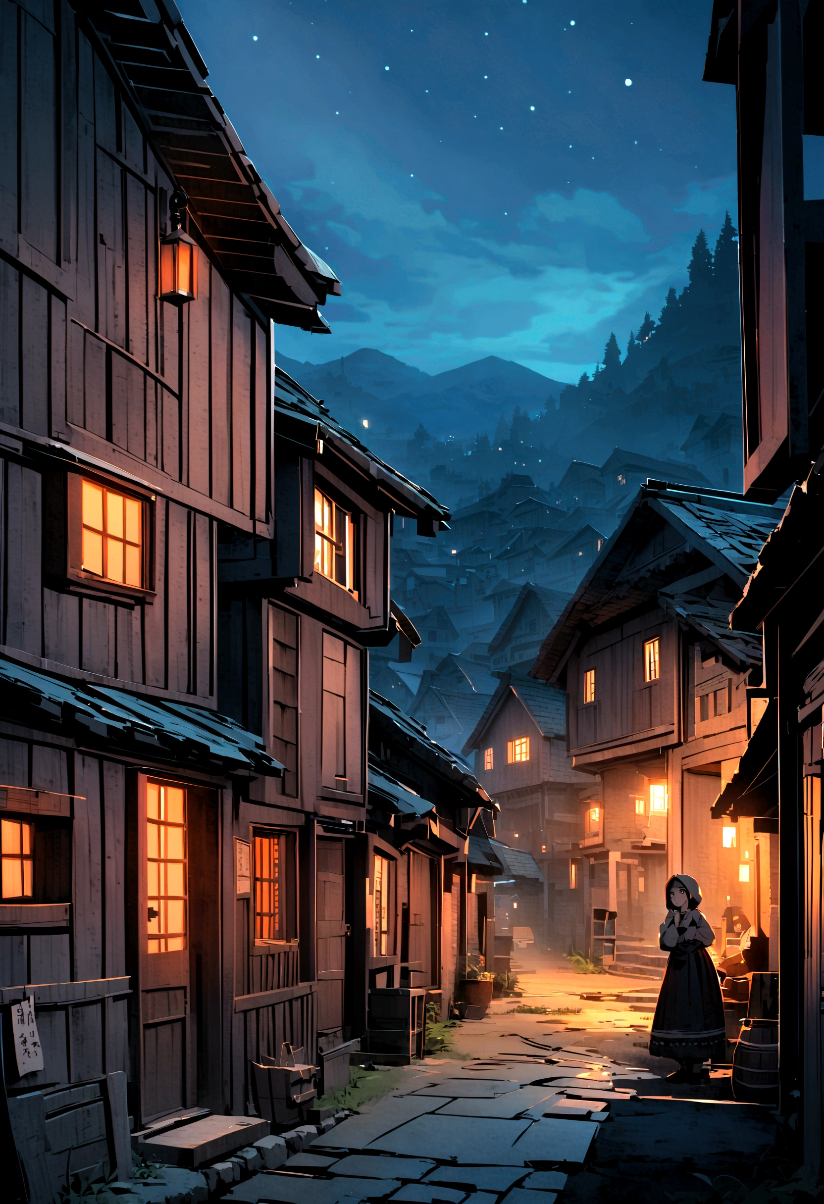 Poor street of a mountain village, Villagers, an old house, Very detailed, night, frowning, scary, overlooking