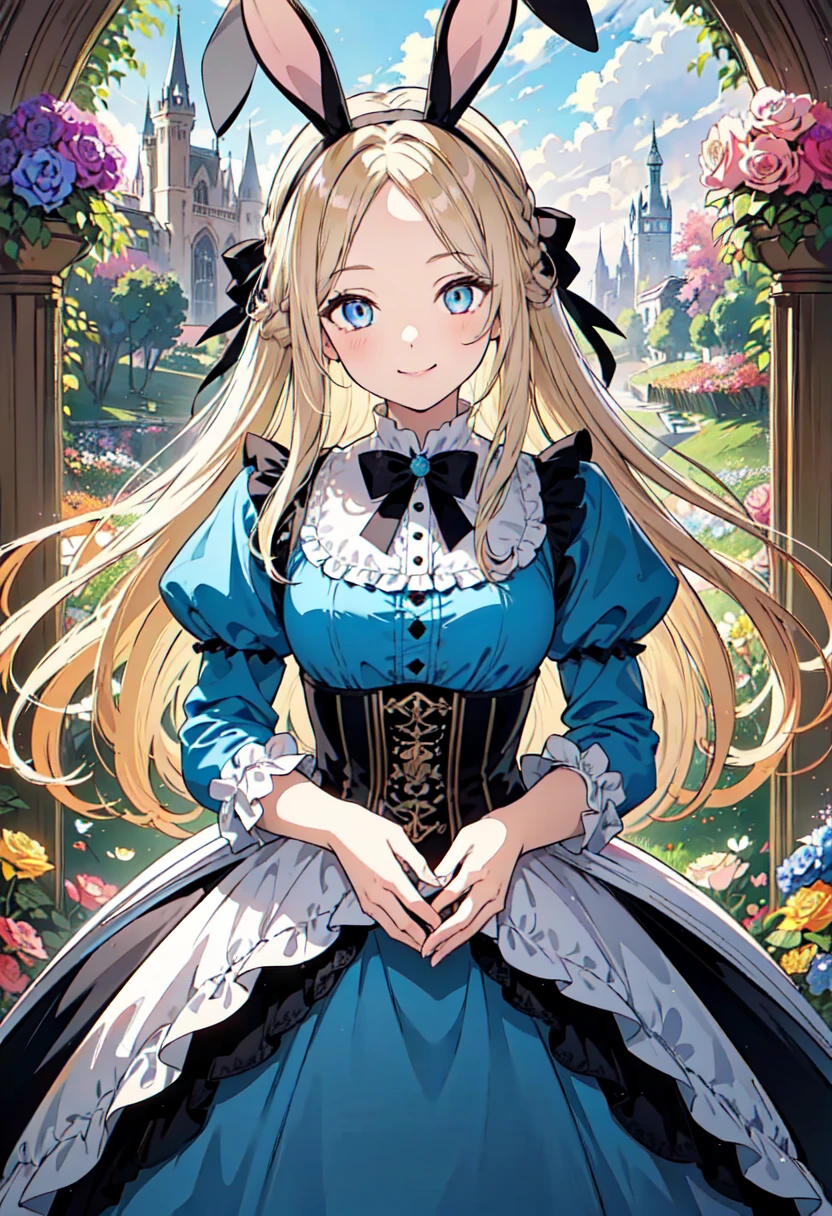 Alice in Wonderland, (1 girl, cute, slender, attractive, smiling, detailed beautiful face: 1.3), blonde hair, braids, rose hair accessory, blue eyes, light blue dress, (great illustration, beautiful details, best quality, best quality, faint touch outline: 1.3), fun, anime, colorful, vibrant, clear, beautiful details, tangled, roses in background, full bloom