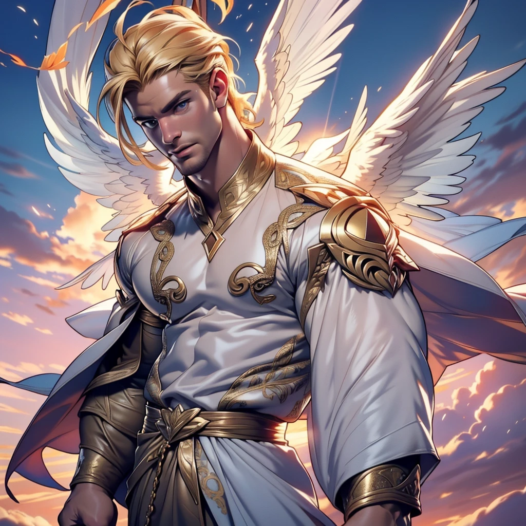 32k,masterpiece, best quality, detailed face, natural eyes,1man, solo mature man, muscled and mature, stephen amell as an angel , wearing a see thru transparent robe with golden embroidery , wearing 2 very big angel's wings , showing muscles ,floating and flying in the sky with clouds , full body, intricate Detailed background at sunset
