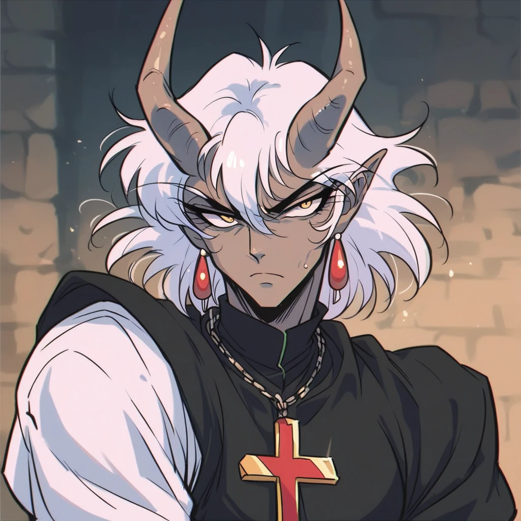 check_9, check_8_up, check_7_up, check_6_up, check_5_up, check_4_up, Vintage, 1990-е годы \(style\), courageous, dilf, daemon, dark grey skin, Looking at the viewer, Long eyelashes, short horns, comfortable, brilliant, Cinematic lighting, caustic, inverted cross earrings, black short hair, handsome man, cold lighting, depth of field, (difficult), golden eyes, upper body, black daemon horns, Smooth skin, high contrast