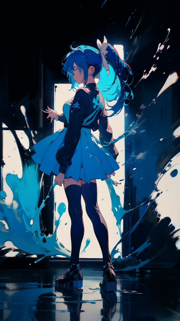 Blue-haired side ponytail，Design clothing，Seven-doppelganger shot，Anime style 4K，Anime girl with teal hair，High quality anime art style，Standing painting，Splash ink background，Blue Themes、Pure white background,Buildings,顔アップ