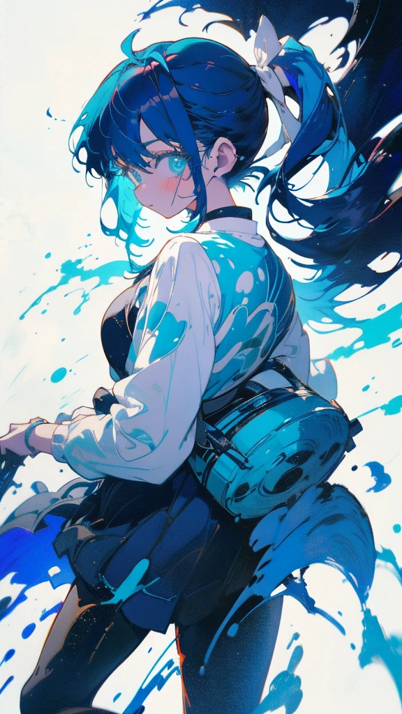 Blue-haired side ponytail,Design clothing,Seven-doppelganger shot,Anime style 4K,Anime girl with teal hair,High quality anime art style,Standing painting,Splash ink background,Blue Themes、Pure white background,Buildings,顔アップ