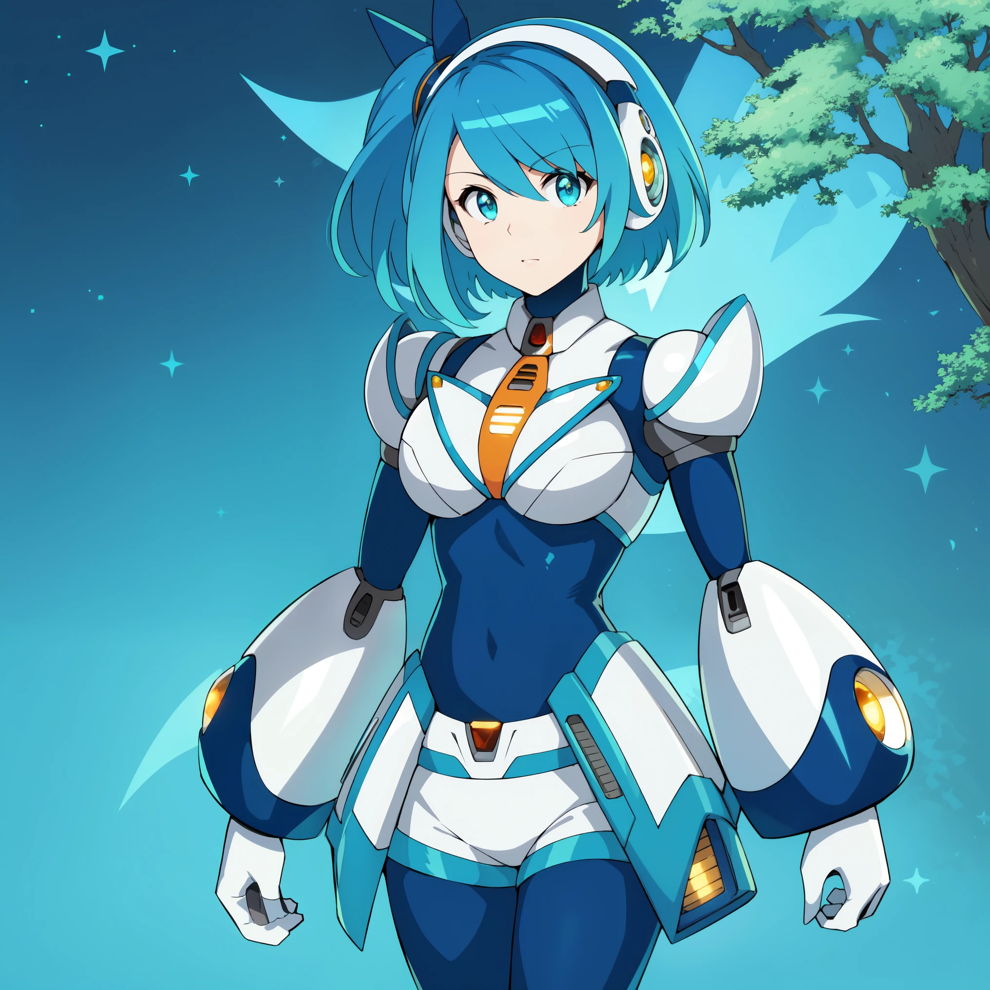 rico_megamanxdive, 1girl, solo, blue eyes, short hair, blue hair, android, high quality, masterpiece, standing with green flames coming from a tree