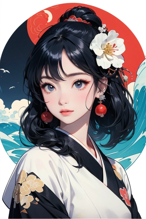 (Highest quality、masterpiece、High resolution、8K)、Ukiyo-e、Vibrant colors、Katsushika Hokusai、1 female、Long Black Hair、The kimono has a vivid floral pattern on a white background.、White waves and Mt. Fuji、Reddish Fuji、White waves, the moon and a woman、White waves, a boat and a woman、White waves, a woman and a seagull、Official Art、背景はUkiyo-e風