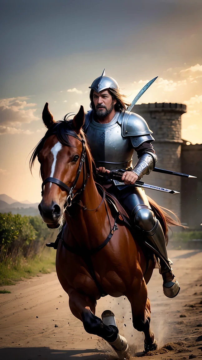 Middle-aged man riding a horse、Appearing frightened、Leather Armor、Sword on his waist、Fleeing the battlefield、Medieval Battlefields、Lots of spearmen、In the middle of a battle、