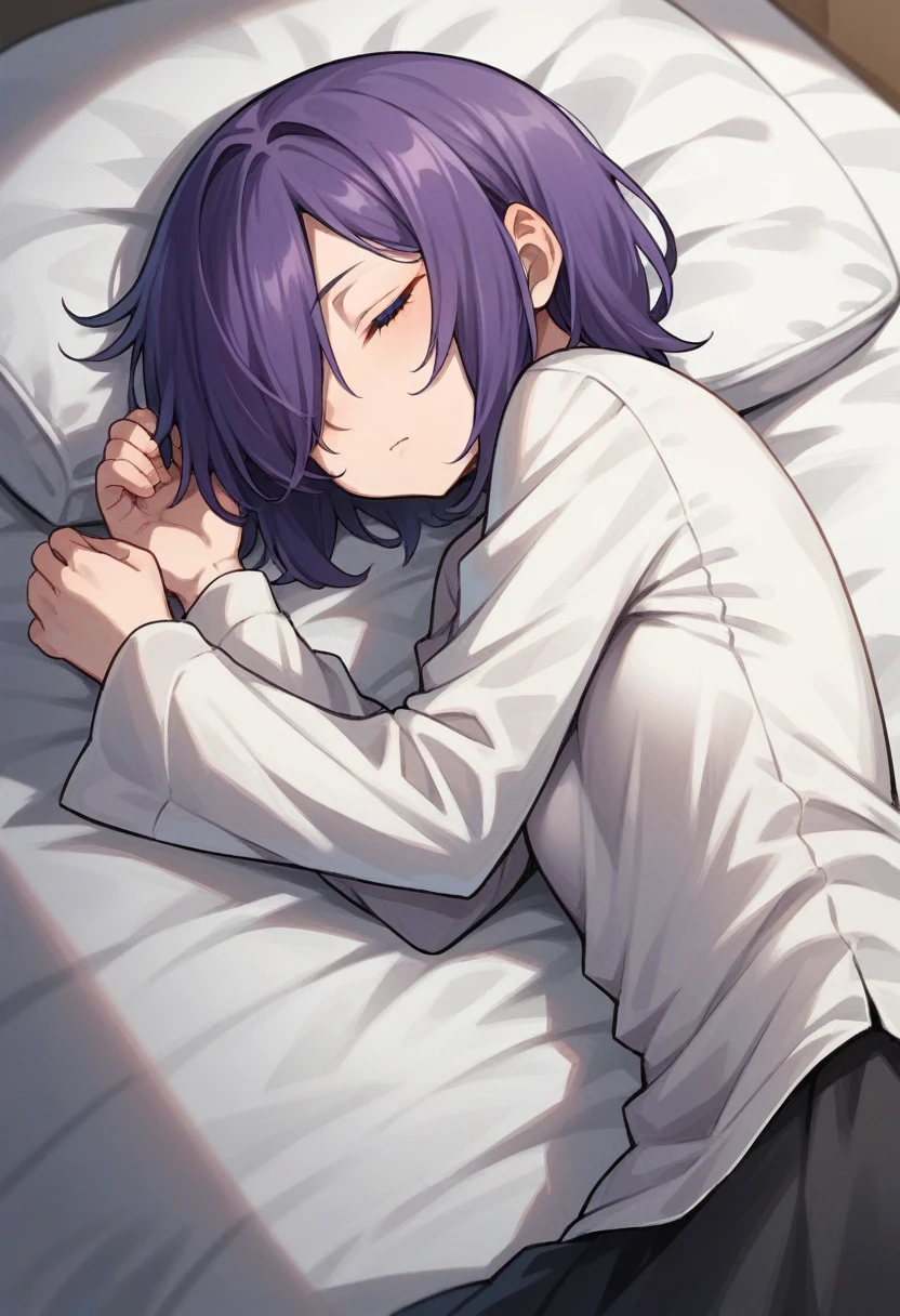 score_9, score_8_up, score_7_up, score_6_up, score_5_up, score_4_up, BREAK source_anime, one anime girl, blue eyes, dark purple hair, medium hair, hair covers one eye, dark clothes, small breasts, sleeping, both eyes closed