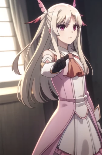 Illyasviel von Neinzbern, Illyasviel von Einzbern, Long Hair, Blonde, (Red eyes:1.3), (Parted bangs:1.5), smile,
break hair ornament, gloves, dress, jewelry, Earrings, Removable sleeves, Ascot, Magical girl, feather, pink dress, Feather hair ornament, プリズマ☆イリヤ,
break indoors,
break looking at viewer, (Cowboy Shot:1.5), Dynamic pose,
break (masterpiece:1.2), Highest quality, High resolution, unity 8k wallpaper, (figure:0.8), (Beautiful attention to detail:1.6), Highly detailed face, Perfect lighting, Highly detailed CG, (Perfect hands, Perfect Anatomy),