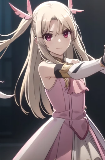 Illyasviel von Neinzbern, Illyasviel von Einzbern, Long Hair, Blonde, (Red eyes:1.3), (Parted bangs:1.5), smile,
break hair ornament, gloves, dress, jewelry, Earrings, Removable sleeves, Ascot, Magical girl, feather, pink dress, Feather hair ornament, プリズマ☆イリヤ,
break indoors,
break looking at viewer, (Cowboy Shot:1.5), Dynamic pose,
break (masterpiece:1.2), Highest quality, High resolution, unity 8k wallpaper, (figure:0.8), (Beautiful attention to detail:1.6), Highly detailed face, Perfect lighting, Highly detailed CG, (Perfect hands, Perfect Anatomy),