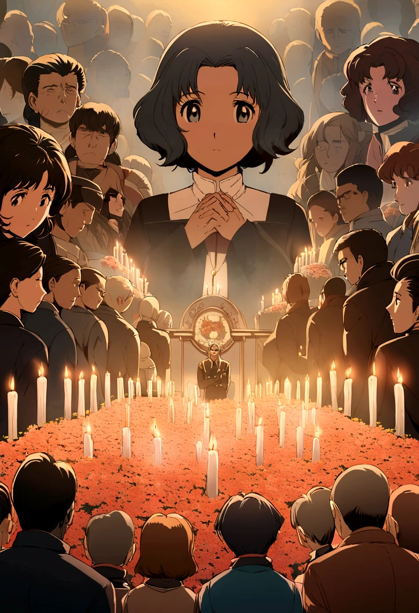 Anime-style illustration of a solemn memorial setting with a portrait of Matsushita Konosuke, surrounded by flowers and candles. People paying respects in a quiet, respectful atmosphere. Late 1980s.
