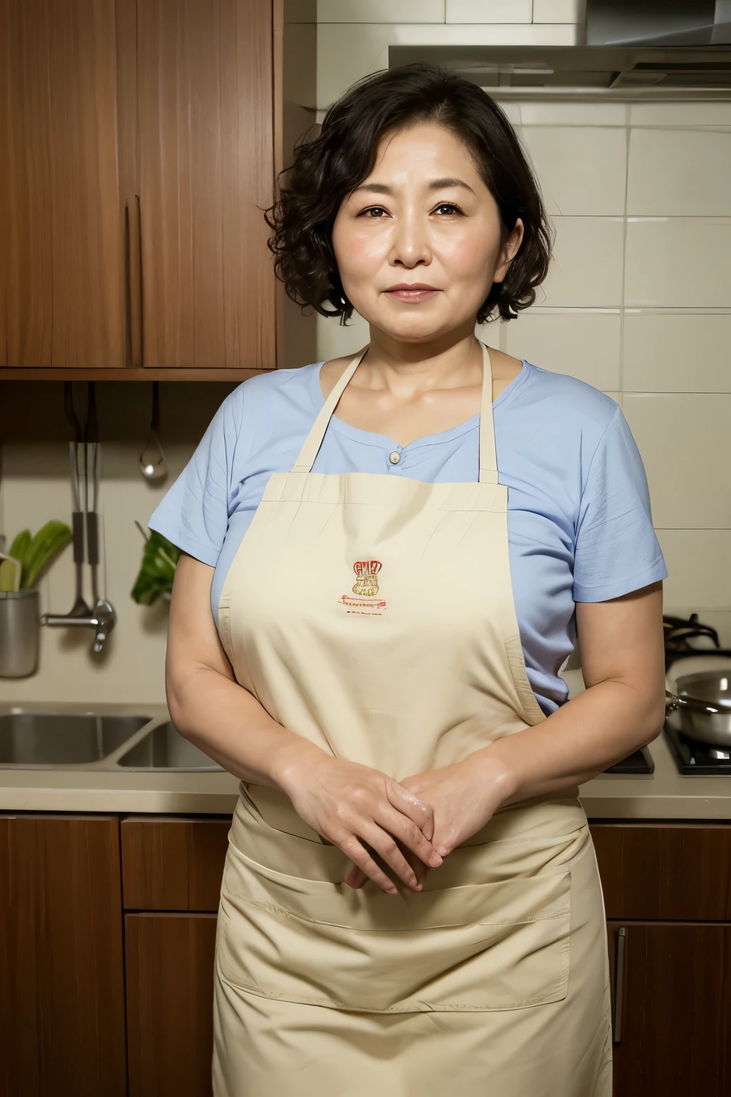 Aunt in Osaka、Organic Photography、best quality、masterpiece、Ultra-high resolution、Beautiful old lady、50 years old、Elegant face，Wear a business shirt，Short skirt，Wearing an apron，Huge sagging chest contour，Wavy Hair、Real skin texture，sideways，Revealing smooth and plump thighs，Kitchen background，Background blur