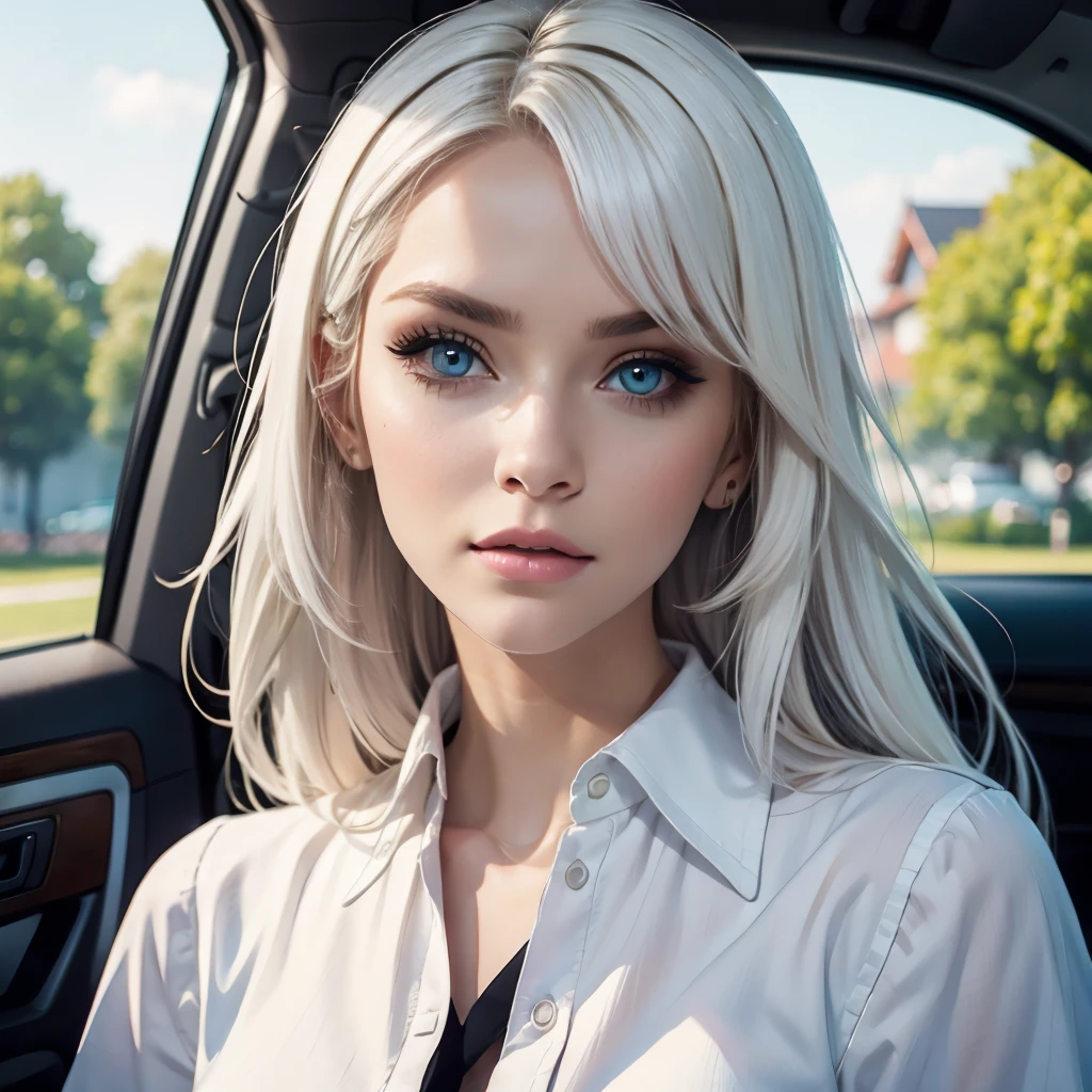 a woman with long white hair and a white shirt is sitting in a car, perfect by white girl, chica con by white, awesome anime face portrait, Kawaii realistic portrait, beautiful realistic face, ig model | germ of art, blonde hair and big eyes, cara bonita de by white, by white, hyperrealistic anime, beautiful pale makeup, realistic painting cute girl