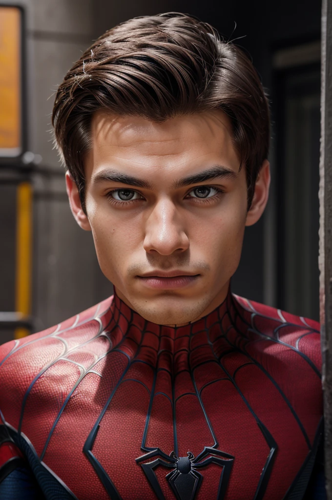 A photograph of spider man, no mask, 20 yo, handsome, detailed face, looking at camera, portrait, 8k uhd, high quality