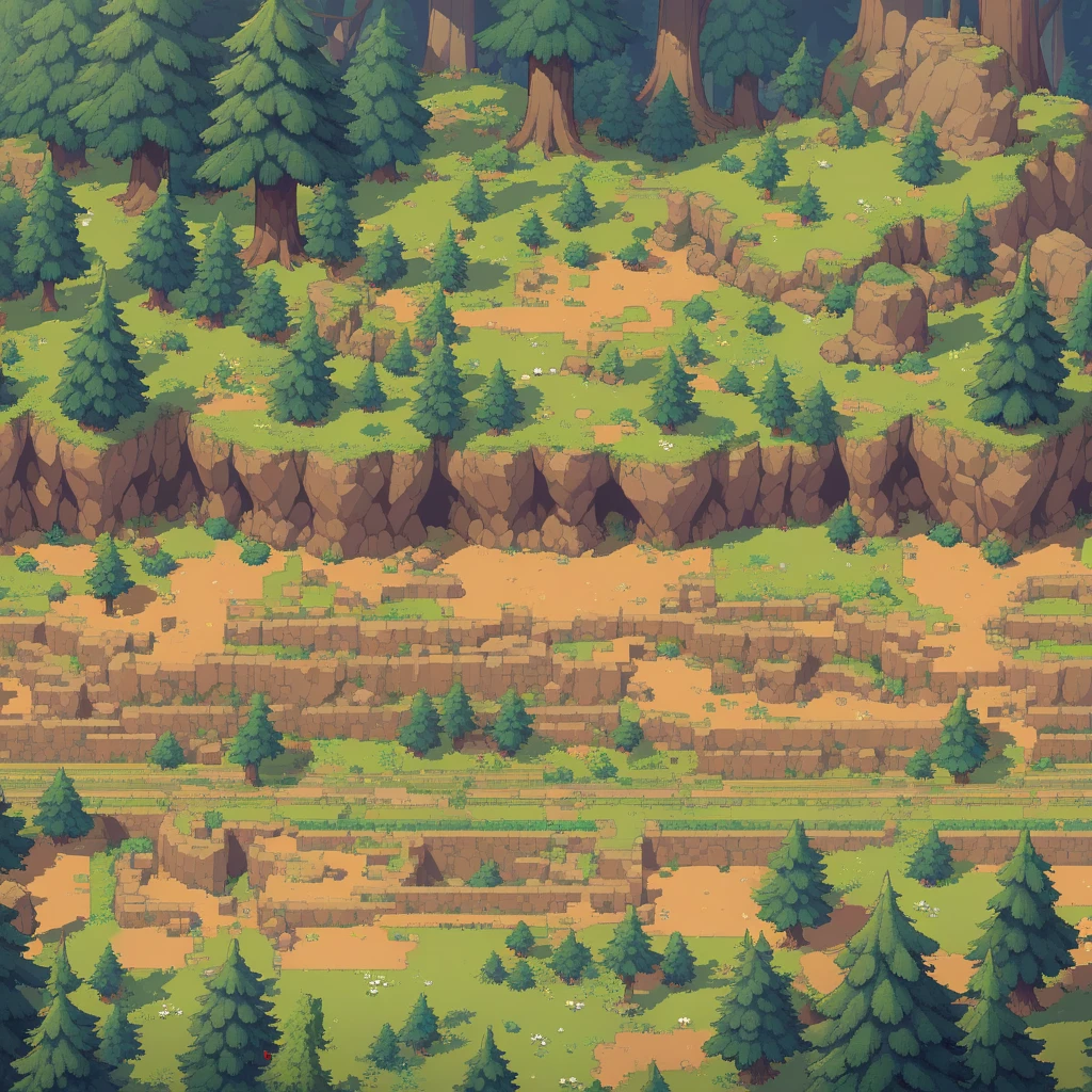 retro video game style,pixelated, vibrant pastel colors,8-bit characters,blocky shapes,sharp lines,detailed shading,classic gaming vibe,nostalgic atmosphere,classic arcade games,masterpiece:1.2,ultra-detailed,illustration style, 2d texture, stone texture, 4 k seamless mud texture, video game texture, dirt texture, tileset, game tiles, grass, 3/4th perspective trees, 3/4th perspective tileable rock texture, 3/4th perspective tileable cliff formations, tileable trees, topdown view, game texture, game art, tileable texture, very detailed cliff texture, intricate stones, top down view, 3/4th perspective