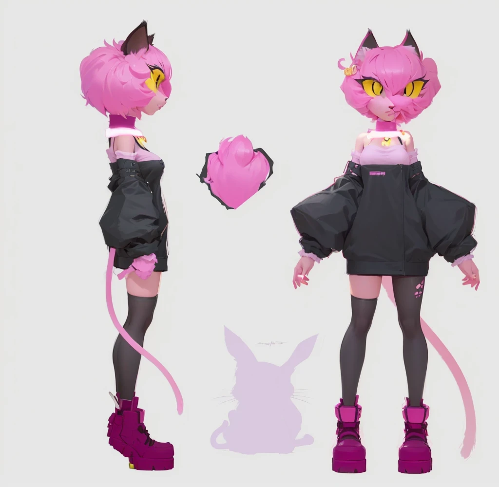 there are two different poses of a cat with a pink tail, candypunk character design, unrealistic character concept, full body concept, [ character design ], suitable for the whole body, conceptual character, character design concept, Ryan Glitter Concept Artist, full body character concept, full body character design, Pink cult character, stylized character design, detailed full body concept, detailed character design