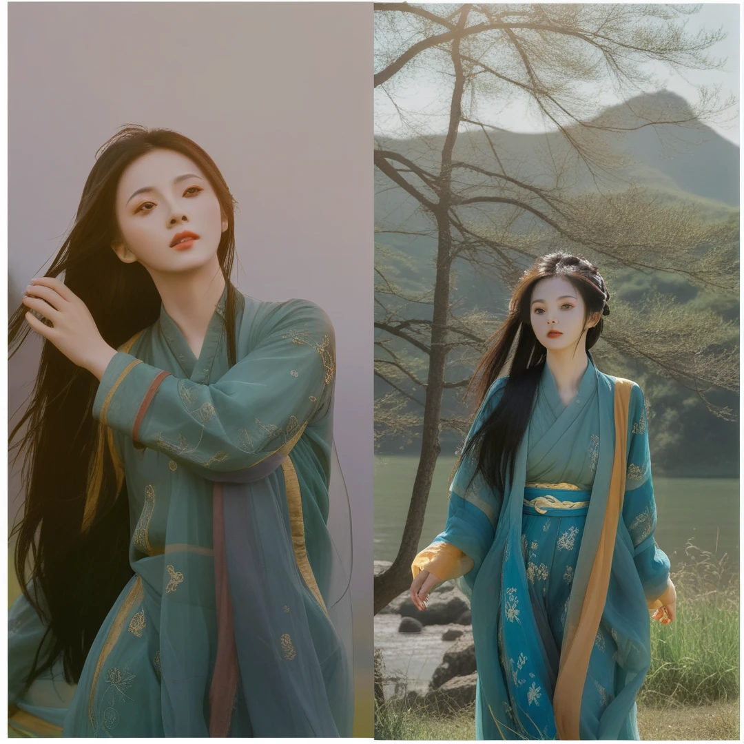 best quality,High definition portrait photography， looking at viewer,a  female figure dressed in a traditional hanfu, summer,ruins,((messy hair)),(grassland),(yellow eyes),incredibly absurdres,(gold hair),floating hair,Large number of environments,the medieval ,grace,prospect,water eyes,wind,breeze,god ray,lawn,Mountains and lakes in the distance,The sun shines through the trees,A vast expanse of grassland,Beautiful face, beautiful eyes,
