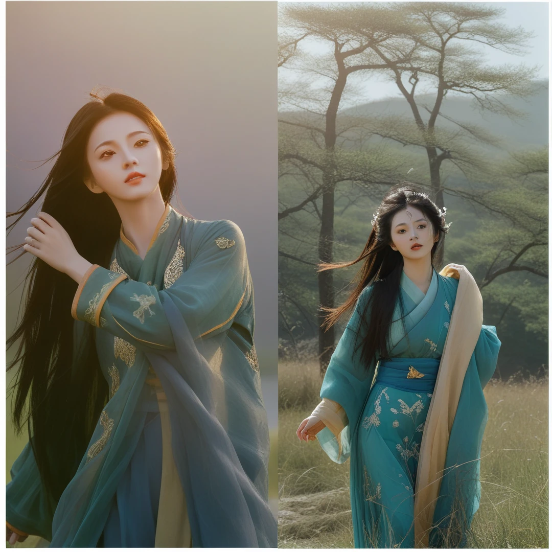 best quality,High definition portrait photography， looking at viewer,a  female figure dressed in a traditional hanfu, summer,ruins,((messy hair)),(grassland),(yellow eyes),incredibly absurdres,(gold hair),floating hair,Large number of environments,the medieval ,grace,prospect,water eyes,wind,breeze,god ray,lawn,Mountains and lakes in the distance,The sun shines through the trees,A vast expanse of grassland,Beautiful face, beautiful eyes,