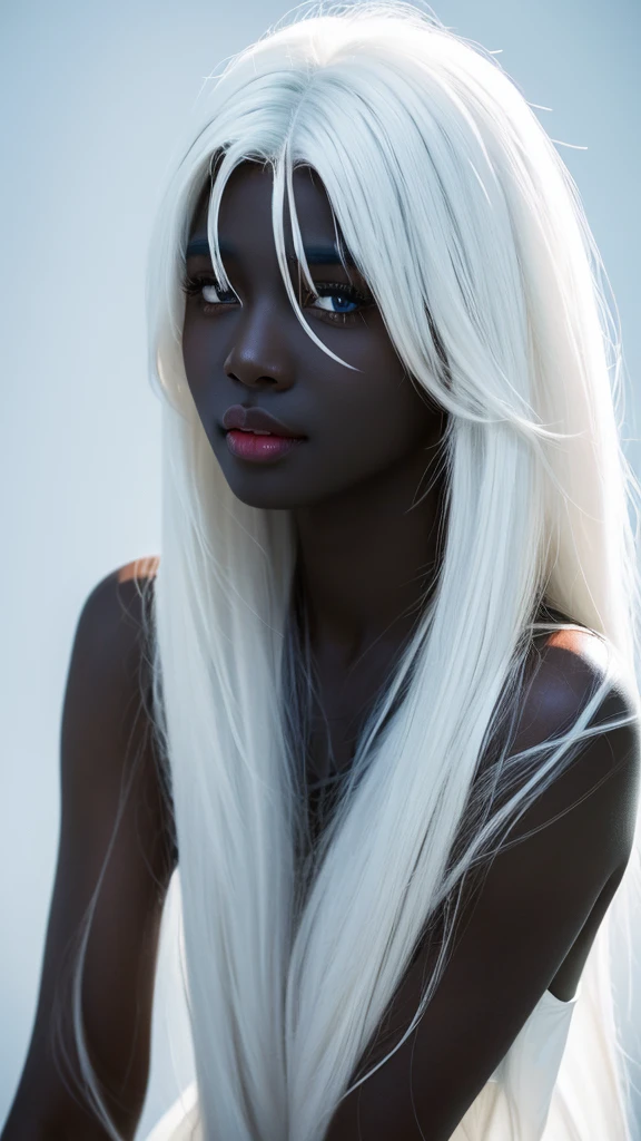 leogirl, cute dark skin 1girl, long tousled white hair, biting lips, seductive forward lean, delicate skin, delicate face, real, realistic, 1girl,white hair,blue background,upper body, ((black skin)), (((black skin))), (((white hair)))