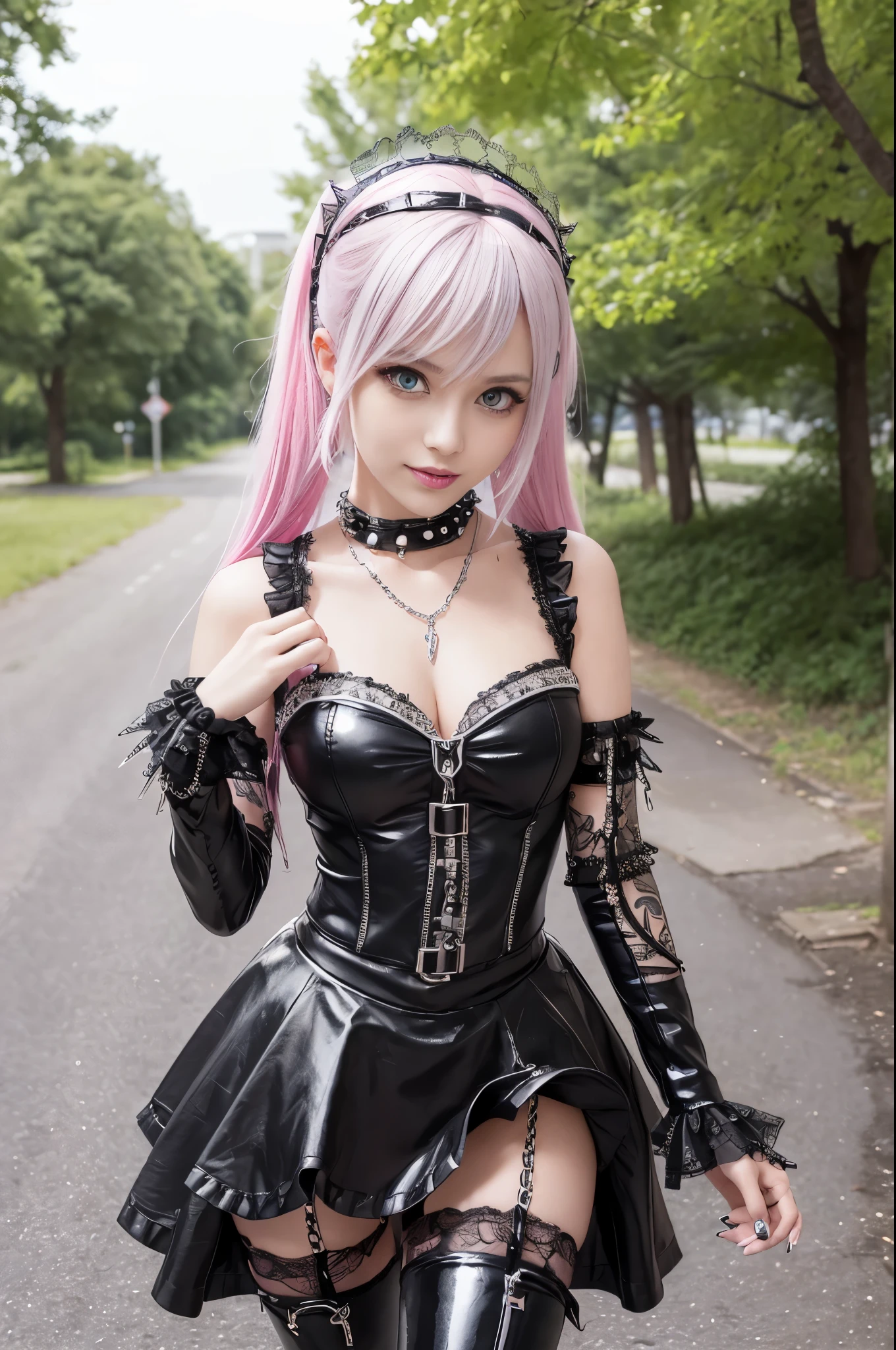 sexy stylish Swedish model, only 1 female, ((doll-like appearance)), very short neon pink stylish hair, ((shiny Punk-Style boots)), (happy smile), ultra detailed eyes, long lashes, metallic makeup, lip-gloss, ((sexy Punk ta cosplay)), unconventional skirt, petticoats, high neckline, ((ultra detailed lace)), ((ultra detailed embroidery)), intricate details, tartan patterns, (silver chains), (silver spikes), Punk Loliccessoires, Punk Lolita cr, ((large sparkling Punk Lolita jewel, cinematic light, detailed large park background with trees