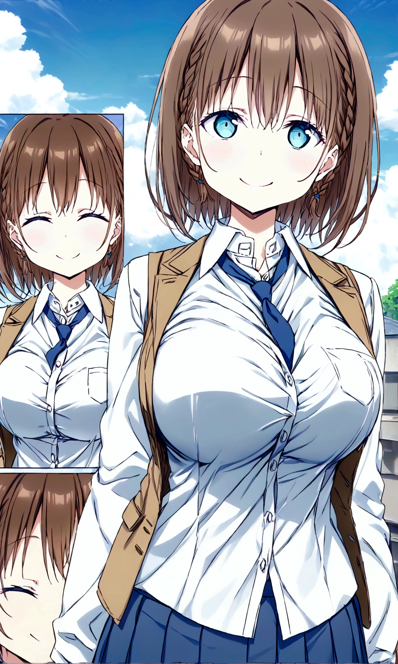 Tawawa on Monday,Ai-chan,Big Breasts,high school girl,score_9, score_8_up, score_7_up, score_6_up, source_anime, BREAK 1girl, solo, aichan, brown hair, cyan eyes, braid, white shirt, collared shirt, blue necktie, pleated skirt, blue skirt, large breasts, looking at you,big smile,happy ,closed eyes, blue sky, clouds,hentai,finely detailed beautiful face,high quality,anime,beautiful,High resolution,anime color,{{{{8K_wallpaper}}}},{{{masterpiece}}},{{{{extremely detailed eyes}}}},{{{{extremely detailed body}}}},{{{{extremely detailed finger}}}}