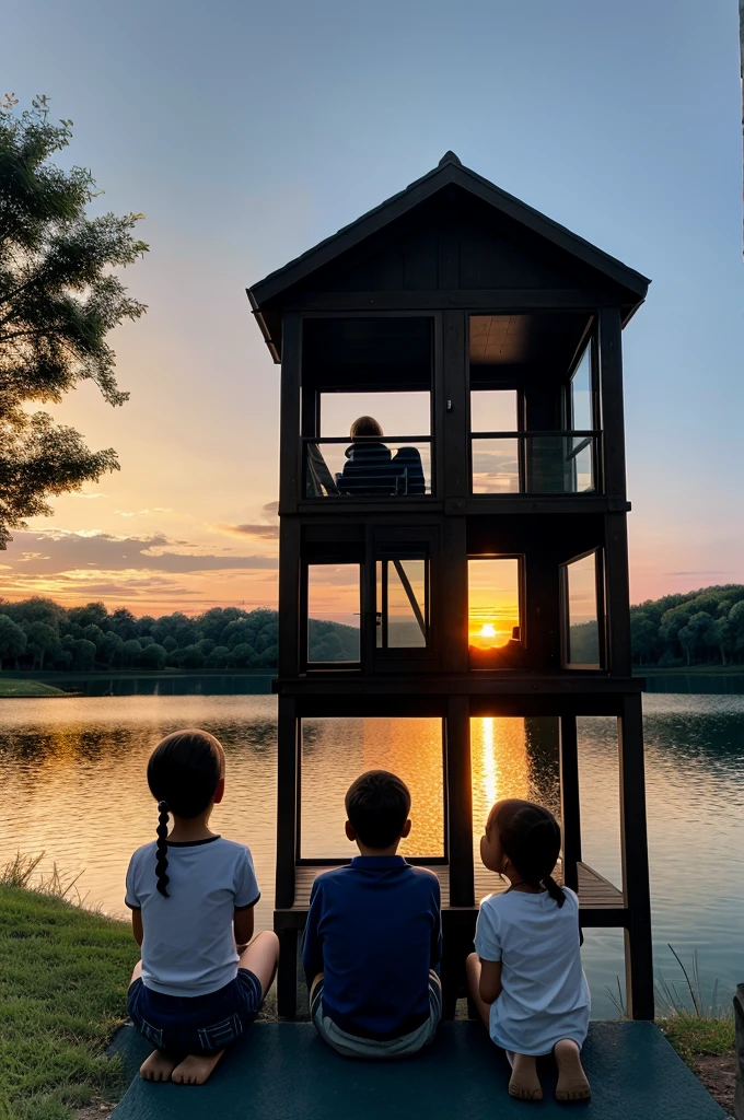 A girl and boy seating out side the lake and observe the beautiful sunset 
