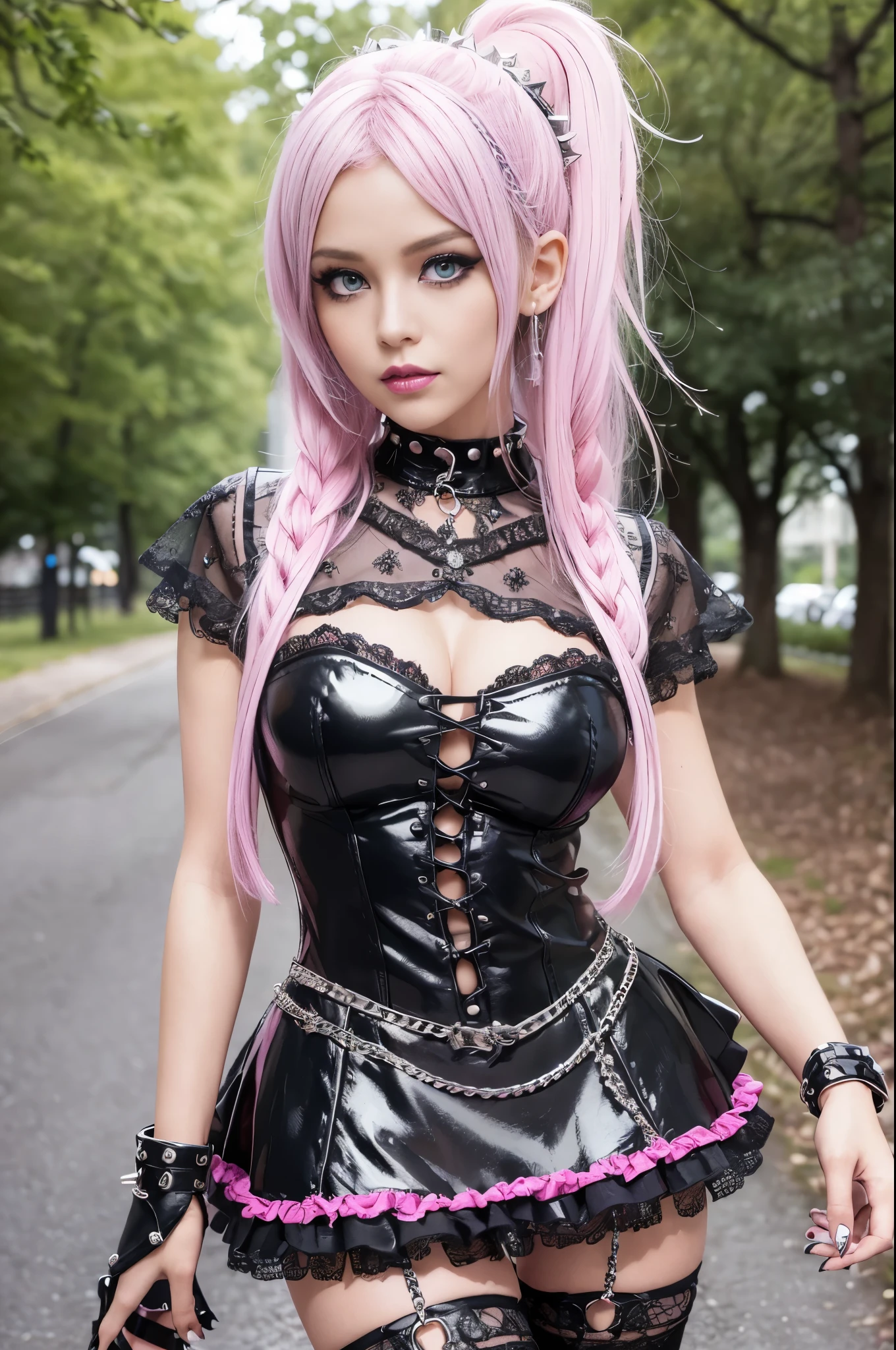 sexy stylish Swedish model, only 1 female, ((doll-like appearance)), very short neon pink stylish hair, ((shiny Punk-Style boots)), (happy smile), ultra detailed eyes, long lashes, metallic makeup, lip-gloss, ((sexy Punk ta cosplay)), unconventional skirt, petticoats, high neckline, ((ultra detailed lace)), ((ultra detailed embroidery)), intricate details, tartan patterns, (silver chains), (silver spikes), Punk Loliccessoires, Punk Lolita cr, ((large sparkling Punk Lolita jewel, cinematic light, detailed large park background with trees