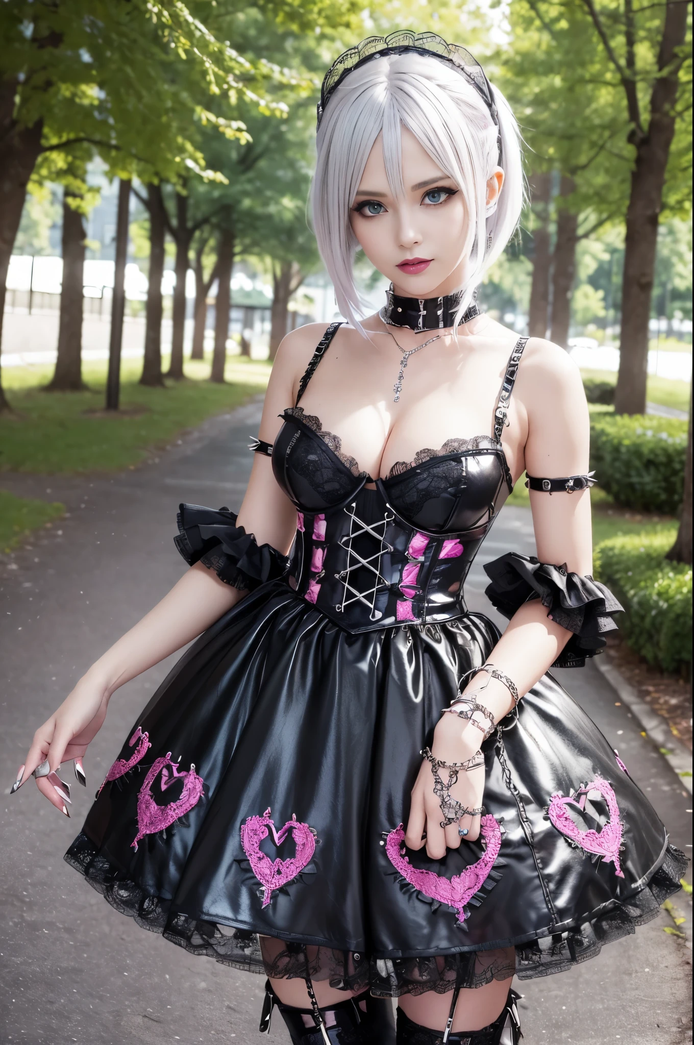 sexy stylish Swedish model, only 1 female, ((doll-like appearance)), very short neon pink stylish hair, ((shiny Punk-Style boots)), (happy smile), ultra detailed eyes, long lashes, metallic makeup, lip-gloss, ((sexy Punk ta cosplay)), unconventional skirt, petticoats, high neckline, ((ultra detailed lace)), ((ultra detailed embroidery)), intricate details, tartan patterns, (silver chains), (silver spikes), Punk Loliccessoires, Punk Lolita cr, ((large sparkling Punk Lolita jewel, cinematic light, detailed large park background with trees