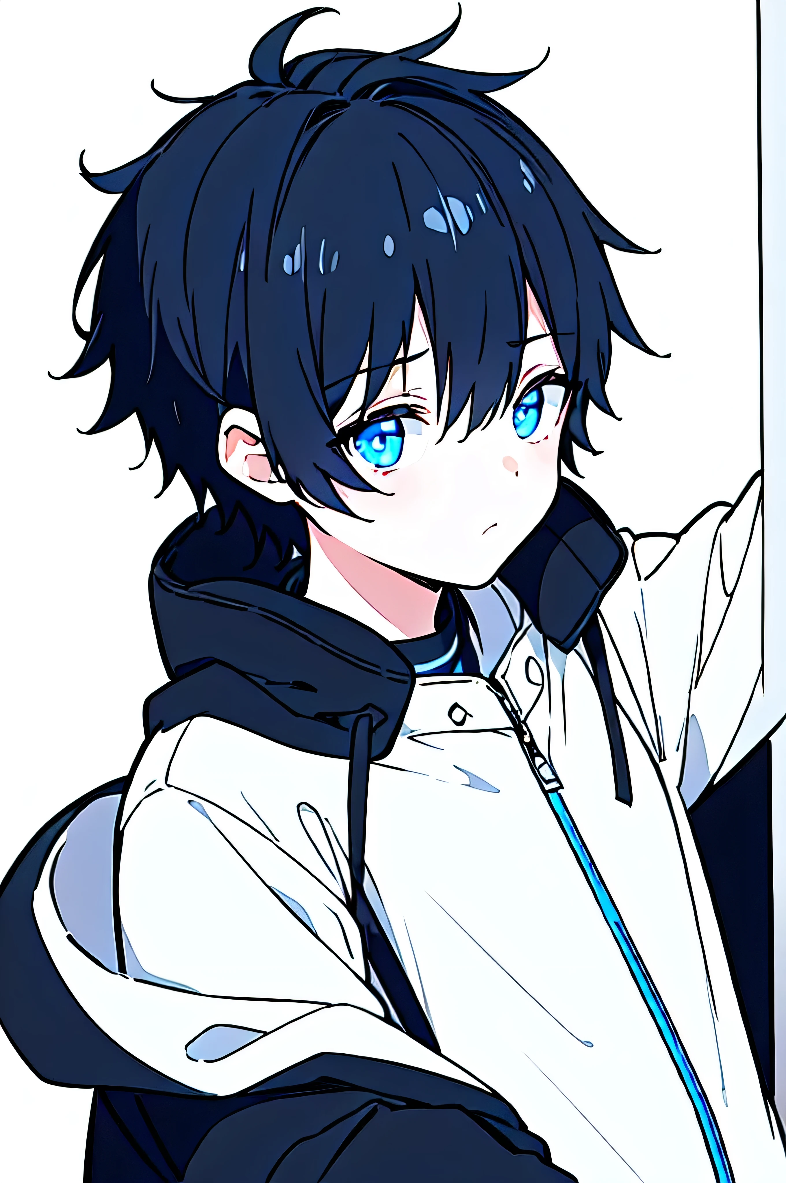 [(WHITE BACKGROUND:1.5),::5], ((((masterpiece)))), high quality, ultra_very_high_resolution, large_filesize, upper body, (blue base), full color, ((solo)), ((**********)), (((black short hair))), blue eyes, anime, neon light, black parka,