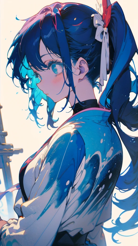 Blue-haired side ponytail,Design clothing,Seven-doppelganger shot,Anime style 4K,Anime girl with teal hair,High quality anime art style,Standing painting,Splash ink background,Blue Themes、Pure white background,Buildings,Face close-up,Buildings,Moon and sun
