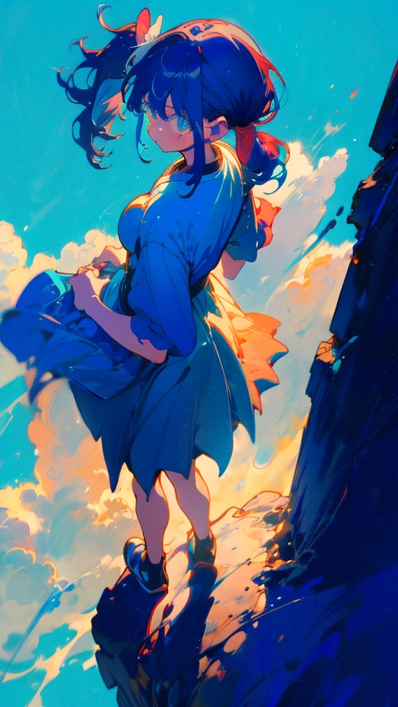 Blue-haired side ponytail，Design clothing，Seven-doppelganger shot，Anime style 4K，Anime girl with teal hair，High quality anime art style，Standing painting，Splash ink background，Blue Themes、Pure white background,Buildings,Face close-up,Buildings,Moon and sun