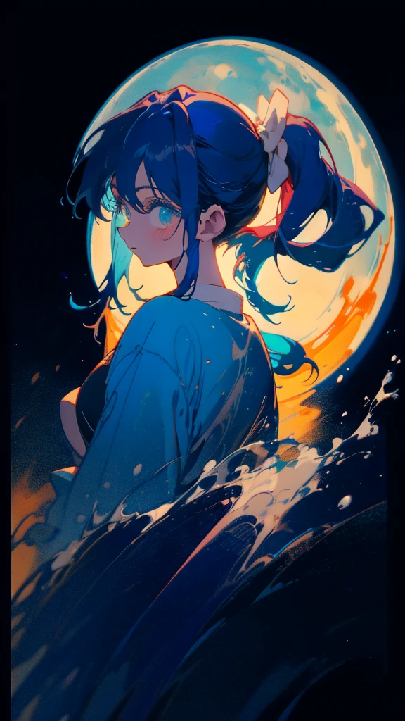 Blue-haired side ponytail，Design clothing，Seven-doppelganger shot，Anime style 4K，Anime girl with teal hair，High quality anime art style，Standing painting，Splash ink background，Blue Themes、Pure white background,Buildings,Face close-up,Buildings,Moon and sun