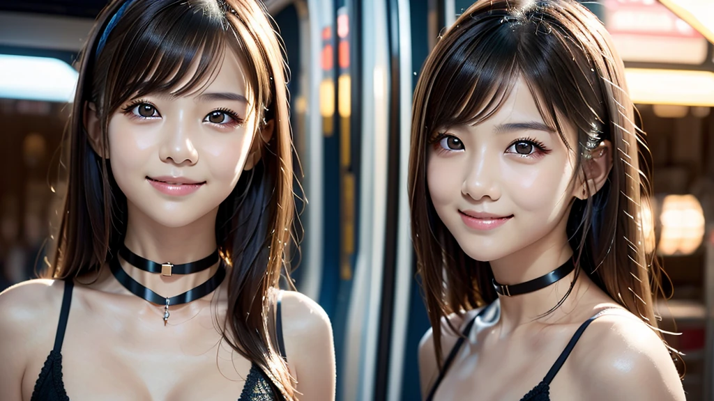 One girl, _Coloring, black_eye, black_, brown_hair, choker, Short Smile, Small breasts、Fair skin