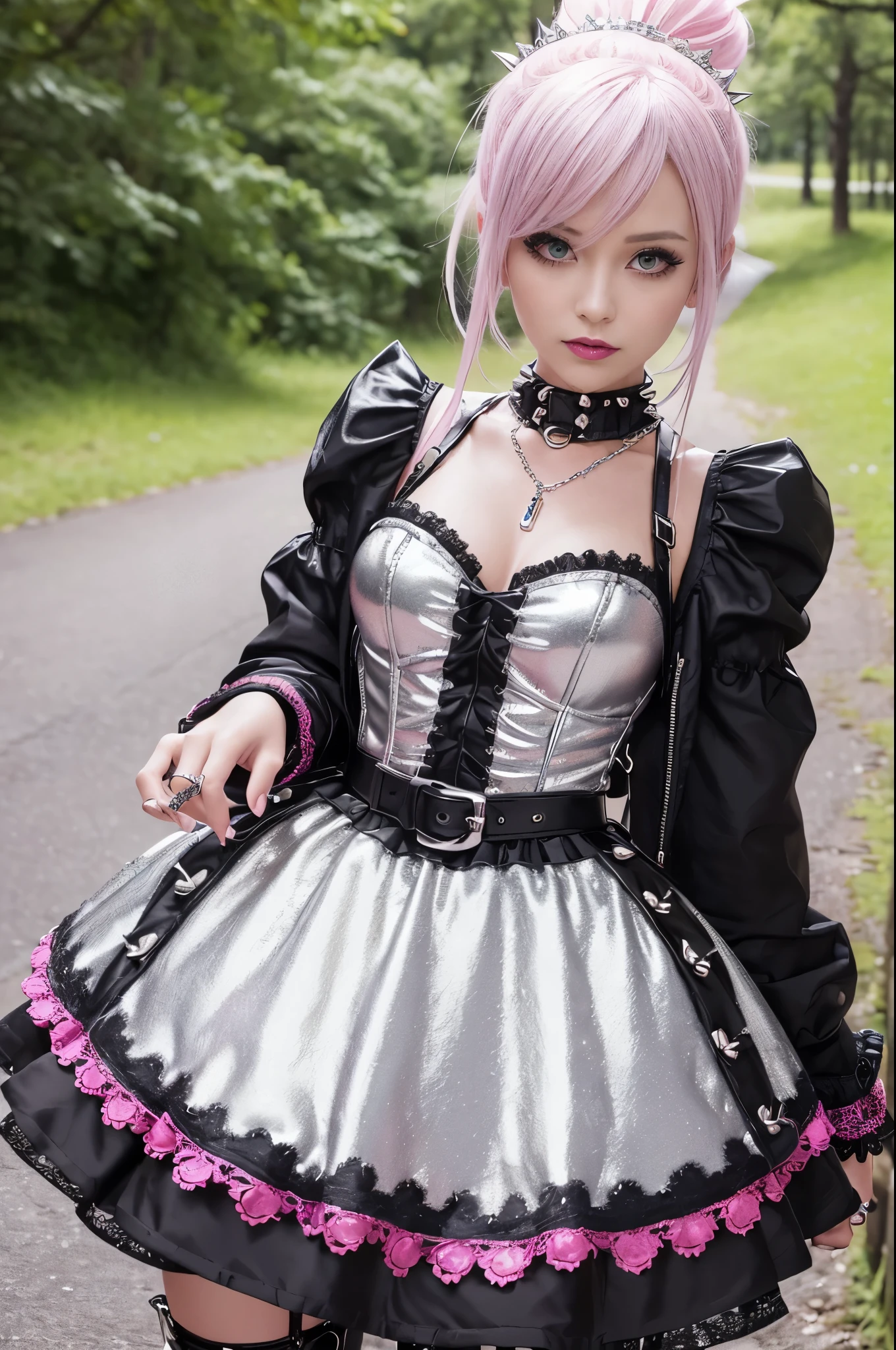 sexy stylish Swedish model, only 1 female, ((doll-like appearance)), very short neon pink stylish hair, ((shiny Punk-Style boots)), (happy smile), ultra detailed eyes, long lashes, metallic makeup, lip-gloss, ((sexy Punk ta cosplay)), unconventional skirt, petticoats, high neckline, ((ultra detailed lace)), ((ultra detailed embroidery)), intricate details, tartan patterns, (silver chains), (silver spikes), Punk Loliccessoires, Punk Lolita cr, ((large sparkling Punk Lolita jewel, cinematic light, detailed large park background with trees