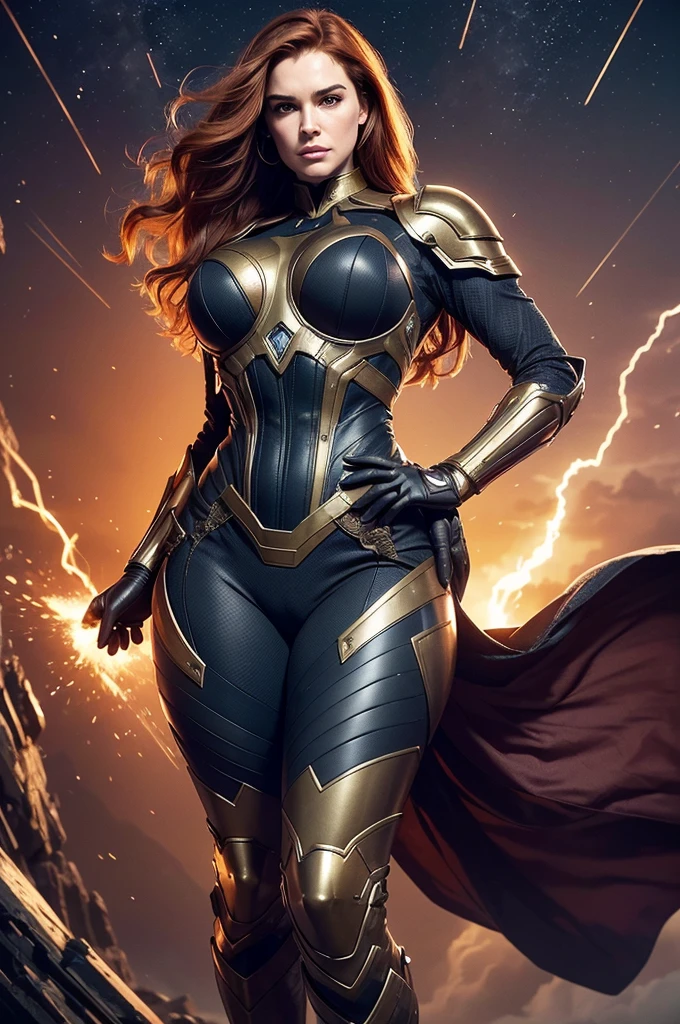 1. Majestic Portrait: A Stunning Woman with an Imposing Presence,
(Characterized by an armor suit inspired by Aphrodite and Jean Grey), Powerful and feminine,
(armor suit, armor-plated gloves, and boots), her impossibly small waistline contrasting dramatically with an expansive lower body,
(her waist circumference is less than 20 inches while her hips, with massively immense measurements, exceed 90 inches), she is known for having the world's largest, majestic buttocks,
(a bottom-heavy figure that embodies a fusion of Christina Hendricks and young Brooke Shields
